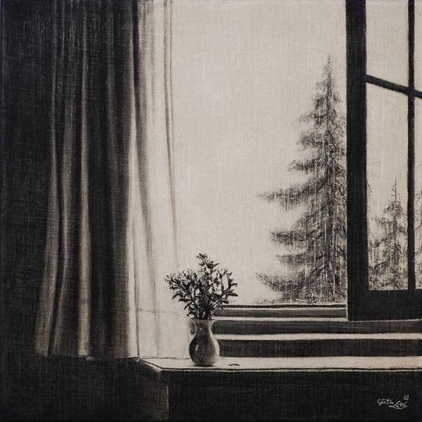 Günter Leiter "Drinnen und Draußen" Kohle auf Naturleinen - 60 x 60cm