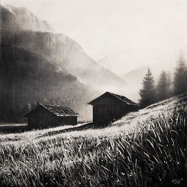 Günter Leiter  "Ein Tag erwacht" Kohle auf Naturleinen - 80 x 80cm