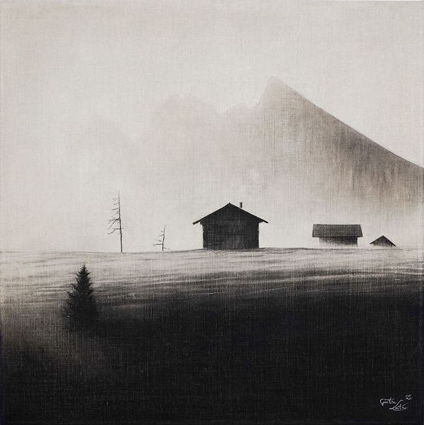 Günter Leiter "Im Morgenlicht (3 Hütten)" Kohle auf Naturleinen - 60 x 60cm