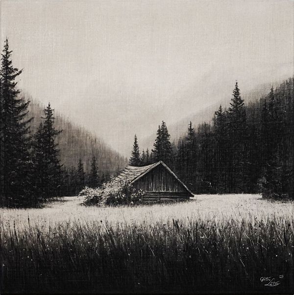 Günter Leiter "Mittendrin" Kohle auf Naturleinen - 60 x 60cm