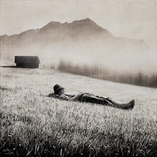 Günter Leiter "Rastl im Feld" Kohle auf Naturleinen - 60 x 60cm