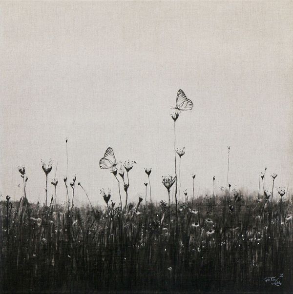 Günter Leiter "Schmetterlingswiese" Kohle auf Naturleinen - 60 x 60cm