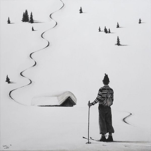 Günter Leiter "Schön gewedelt (Steile Variante)" Kohle auf Naturleinen - 80 x 80cm
