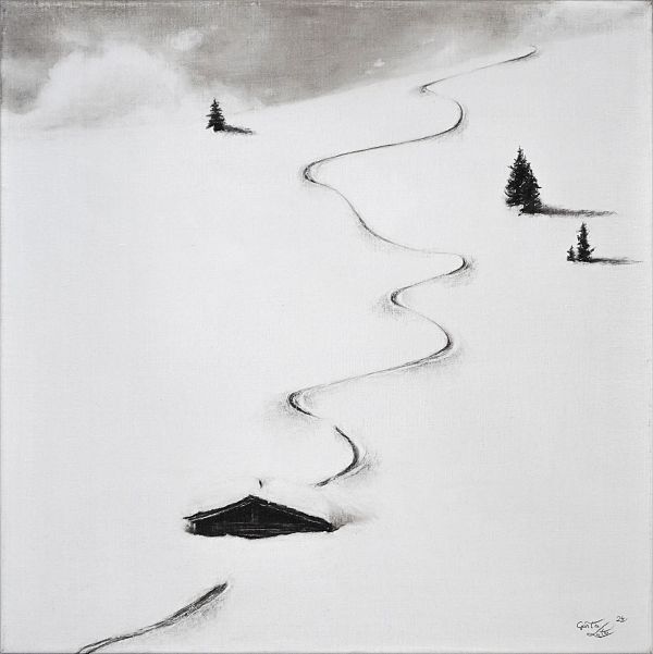 Günter Leiter "Über die Hütte" Kohle auf Naturleinen - 60 x 60cm