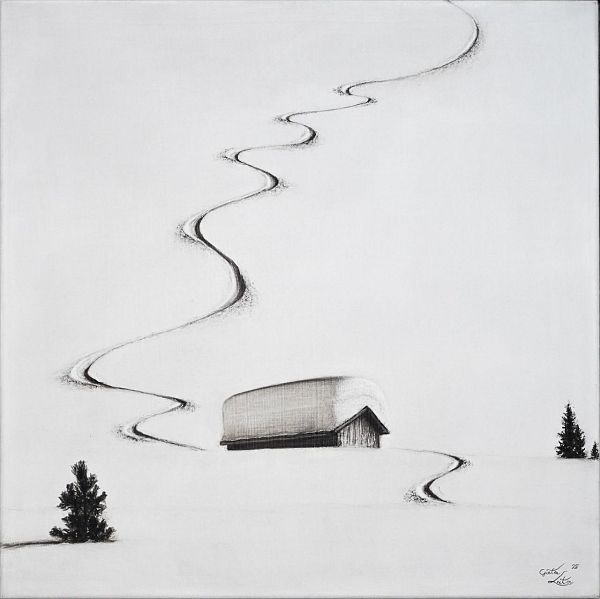Günter Leiter "Viel Schnea af der Hitte" Kohle auf Naturleinen - 60 x 60cm
