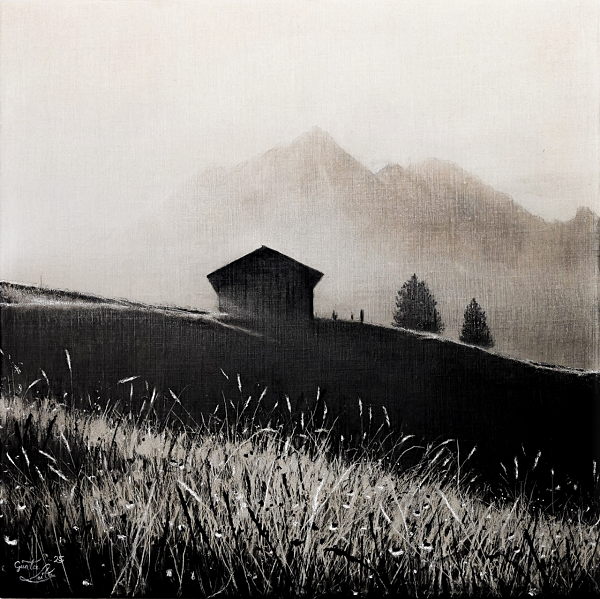 Günter Leiter "Wiesenblick" Kohle auf Naturleinen - 60 x 60cm