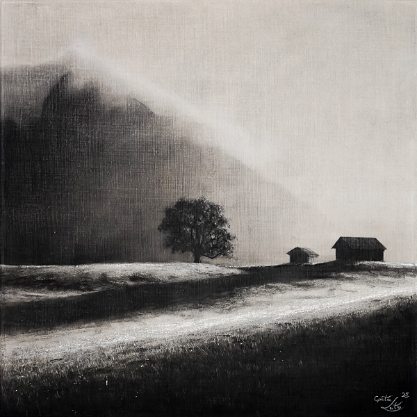 Günter Leiter "Zwischen Licht und Nebel" Kohle auf Naturleinen - 60 x 60cm