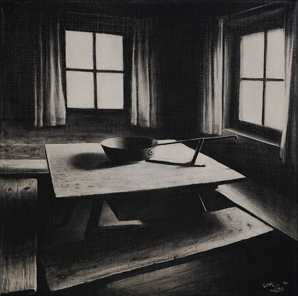 Günter Lieter "Leere Pfanne" Kohle auf Naturleinen - 60 x 60cm