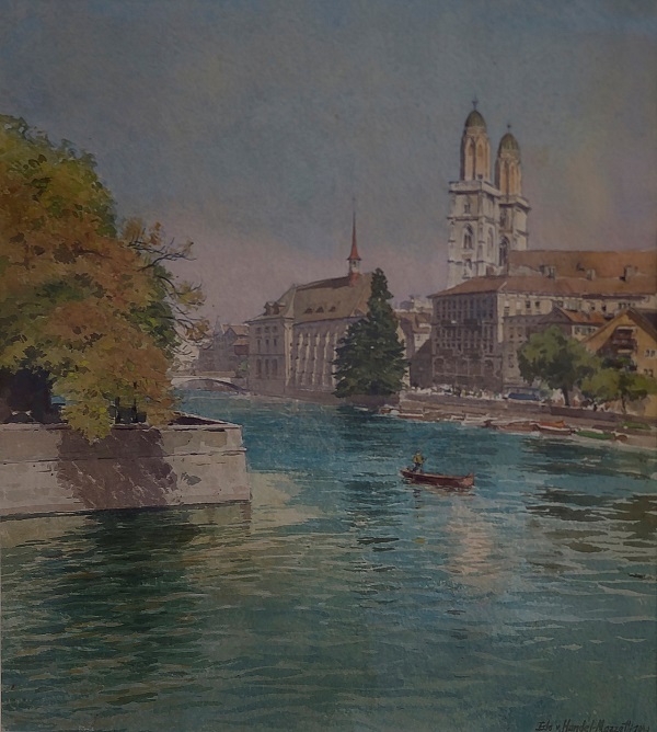 Eduard Freiherr von Handel-Mazzetti "Frauenmünster in Zürich" 1949 Aquarell 38 x 34 cm