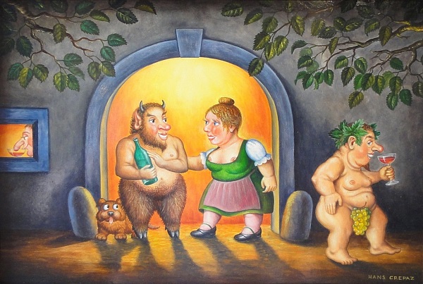 Hans Crepaz "Abschied der Bacchanten (Bacchus und Pan in der Kellergasse)" Öllasur auf Karton 20x30cm