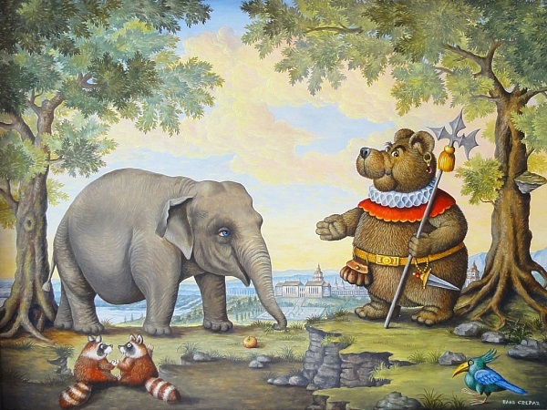 Hans Crepaz "Der neue Elephant" Öllasur auf Holz 30 x 40 cm