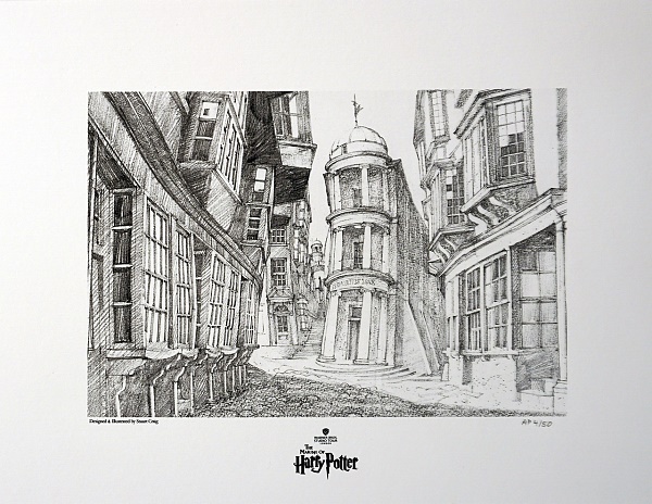 Harry Potter by Stuart Craig "A view of Diagon Alley" Lithography 30 x 35 cm Limited Edition
