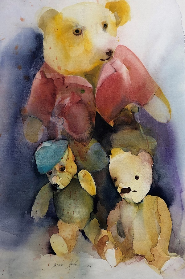 Heinz Hofer Aquarell "Bärenfamilie" 2001 50 x 65 cm