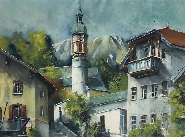 Heinz Hofer "Höttinger Kirchturm" Aquarell 50 x 65 cm