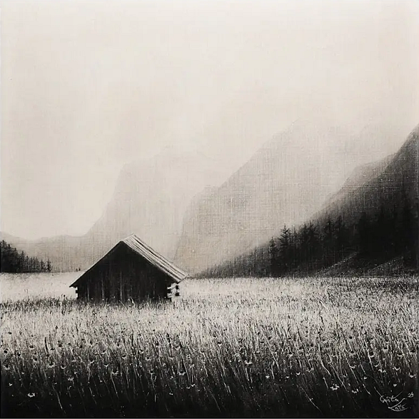 Günter Leiter "Im Tal" Kohle auf Naturleinen, 60 x 60cm