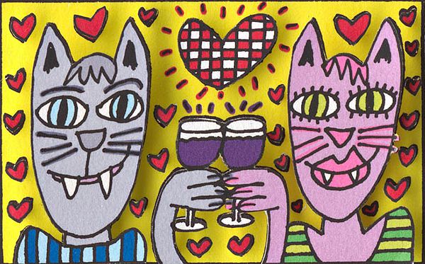 James Rizzi "cat some love" 2010, originalsignierter 3D-Siebdruck - 5,4 x 8,6 cm