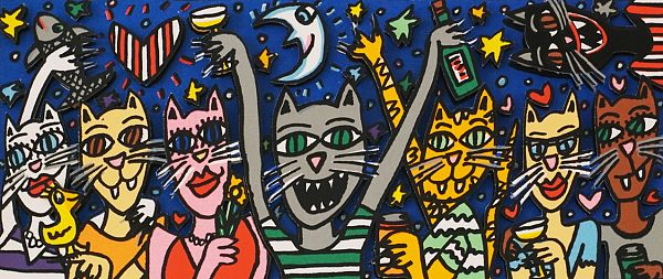 James Rizzi, Cats like a good Party, 3D-Siebdruck, 25 x10 cm