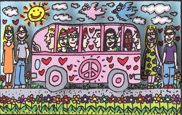 James Rizzi "on the love road" 2010, originalsignierter 3D-Siebdruck - 5,4 x 8,6 cm