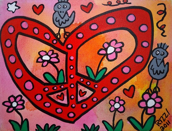 James Rizzi "Peace and Love and Love the Peace" Acryl auf Leinwand 15 x 20 cm