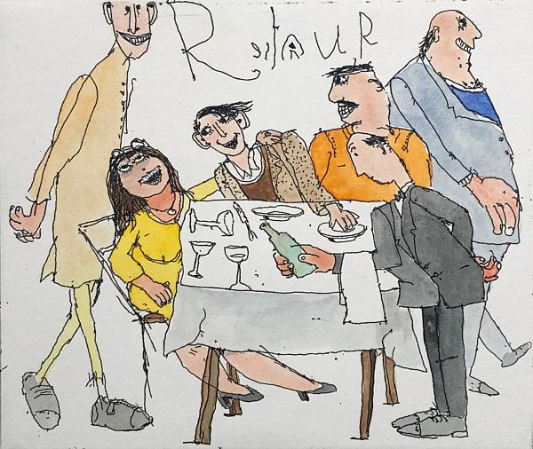 Janosch "Am Tisch" Handcolorierter Andruck 21 x 22 cm