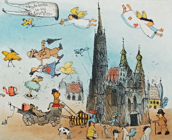 Janosch "Andenken an das liebe Wien" Radierung 40 x 50 cm