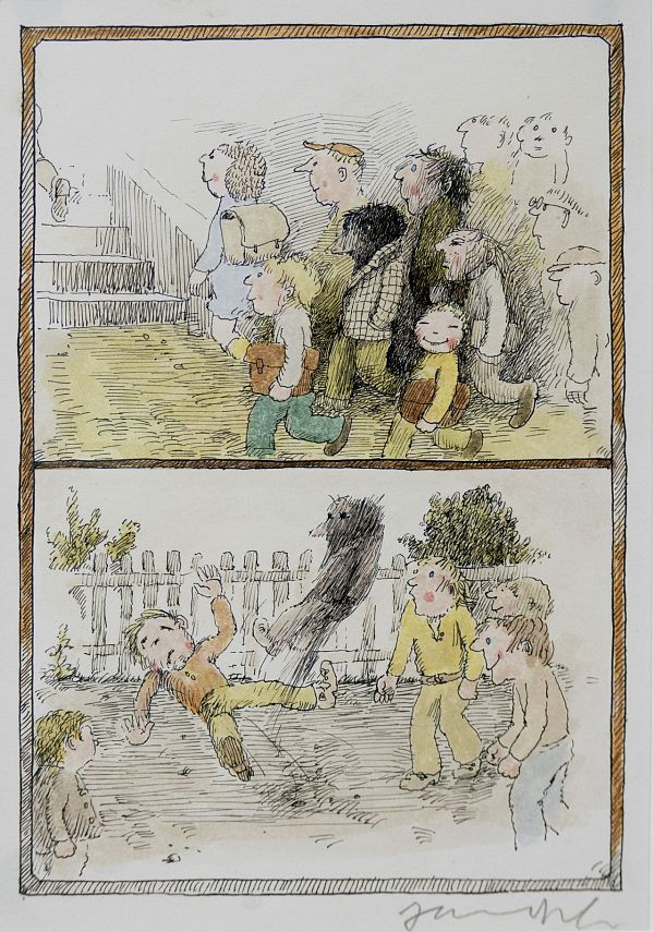 Janosch "Der kleine Rabe auf dem Schulhof" Mischtechnik - 22 x 15cm