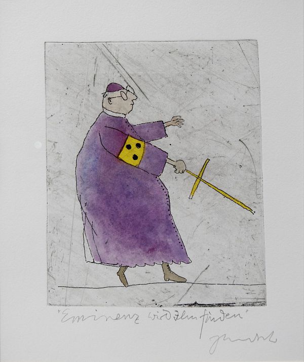 Janosch "Eminenz wird ihn finden" handcolorierte Radierung - 24 x 20cm
