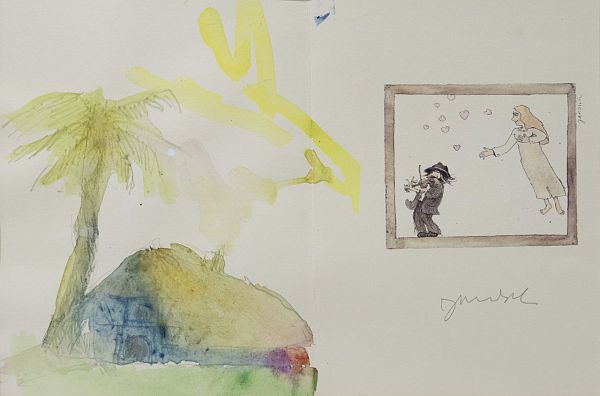 Janosch "Hing der Himmel nicht voller Engel" Mischtechnik 25 x 37cm