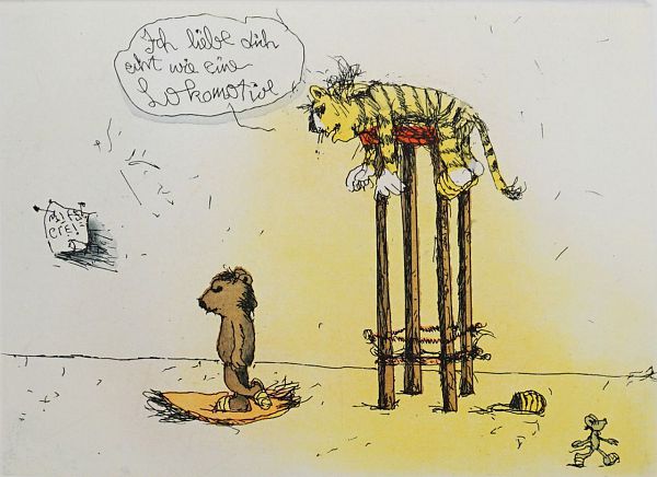 Janosch "Ich liebe Dich wie eine Lokomotive" Radierung 40 x 50 cm
