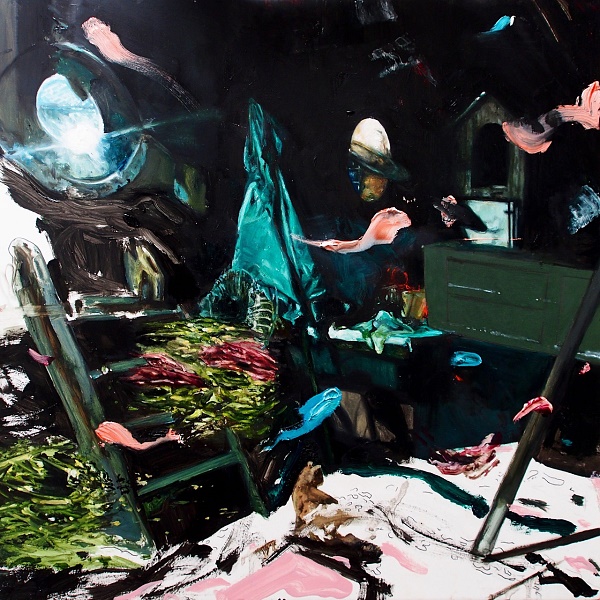 Jessica Rimondi "Claire the lune under the bat's flap" Mischtechnik auf Holz 40 x 40 cm