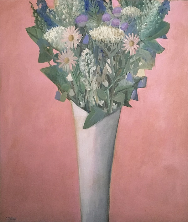 Josef Costazza "Blumenstilleben auf rosa Grund" Öl auf Leinwand, 70 x 60 cm