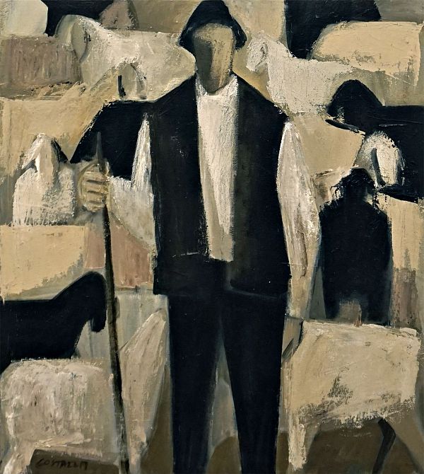Josef Costazza "Hirte mit Schafen" Öl auf Leinwand 55 x 50 cm