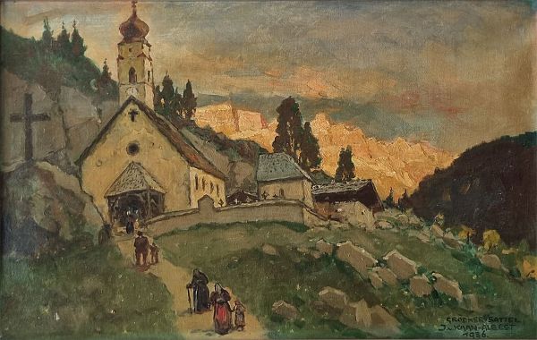 Julius Kaan-Albest "Kirche St. Vigil - Grödner Sattel" Öl auf Leinwand