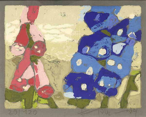 Klaus Fussmann "Fingerhut und Rittersporn" Farblinolschnitt 19 x 23cm