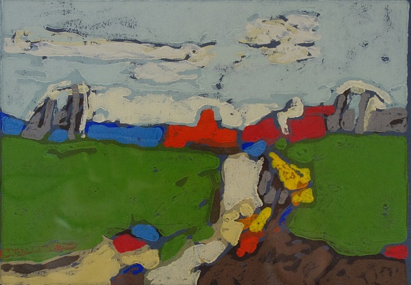 Klaus Fussmann "Landschaft Düttebüll" Farblinolschnitt 15x21 cm