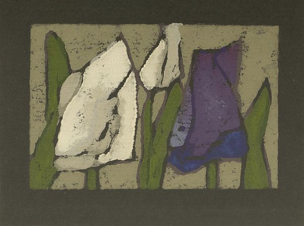 Klaus Fussmann "Tulpen weiß, violett" Farblinolschnitt 12 x 16,5 cm