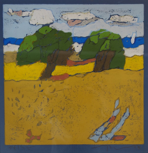 Klaus Fussmann "Weizen vor Ostsee"  Farblinolschnitt 2013 29,5x29,5 cm