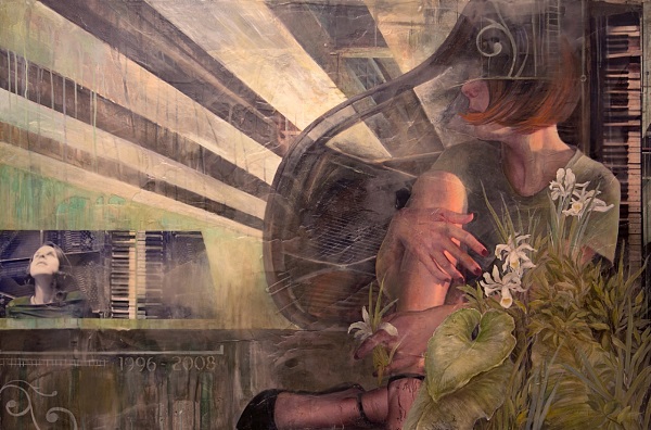 Martha Werneck "Autoretrato com piano" Mischtechnik auf Holz 100 x 150 cm