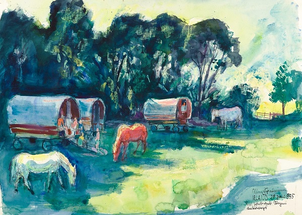 Max Spielmann "Irland Mit Pferd und Wagen unterwegs" 1975 Aquarell 48 x 66 cm