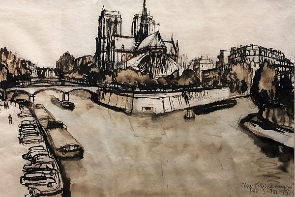 Max Spielmann "Blick auf Notre Dame de Paris" Tuschezeichnung/Aquarell 1966 37 x 53 cm