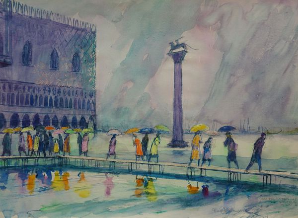 Max Spielmann "Regentag in Venedig" 1981 Aquarell 42 x 57 cm