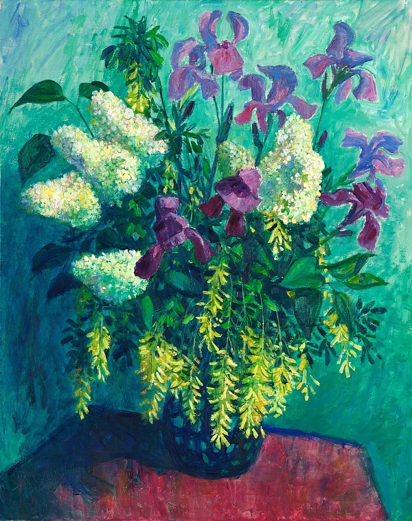 Max Spielmann "Stilleben mit Flieder und Schwertlilien" 1980 - Öl auf Leinwand - 100 x 80 cm