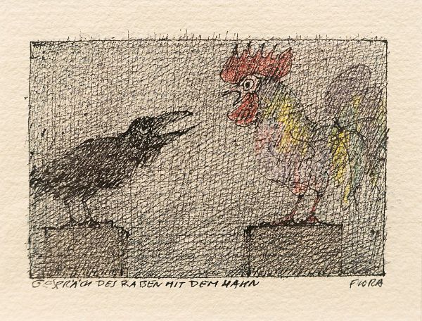 Paul Flora "Gespräch des Raben mit dem Hahn" Tuschezeichnung 9 x 11cm