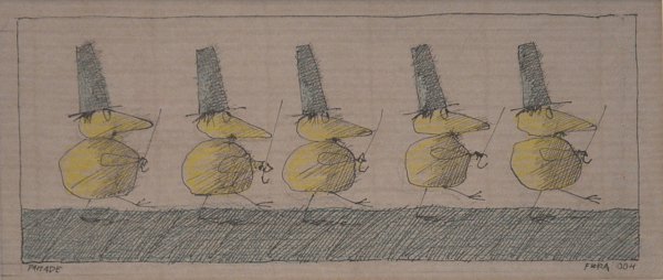 Paul Flora "Parade" 2004, Tuschezeichnung Bleistift - 11 x 25cm