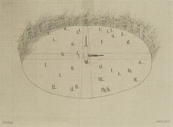 Paul Flora "Piazza" 2002, Tusche auf Büttenpapier - 24 x 33cm