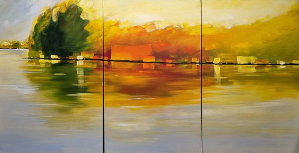 Puck Steinbrecher "Uferpromenade" Triptichon Acryl auf Leinwand 120 x 240 cm