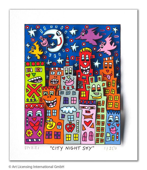 James Rizzi "City night sky" - 3D-Siebdruck - 16 x 14 cm
