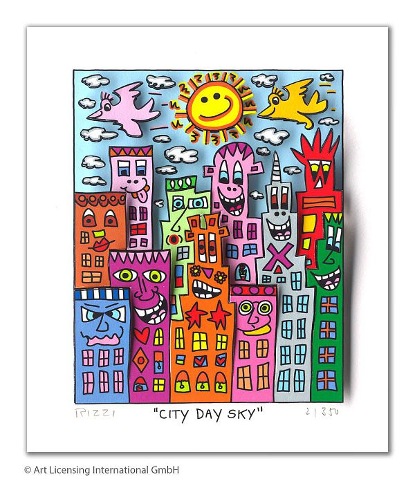 James Rizzi "City day sky" - 3D-Siebdruck - 16 x 14 cm