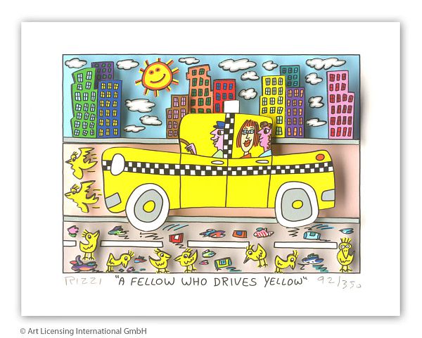 James Rizzi "A fellow who drives yellow" - 3D-Siebdruck - 13,5 x 17 cm