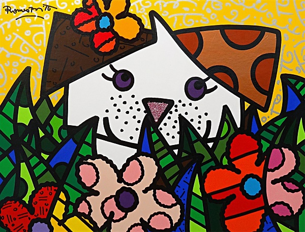 Romero Britto "White Puppy" Acryl auf Karton 62 x 77 cm